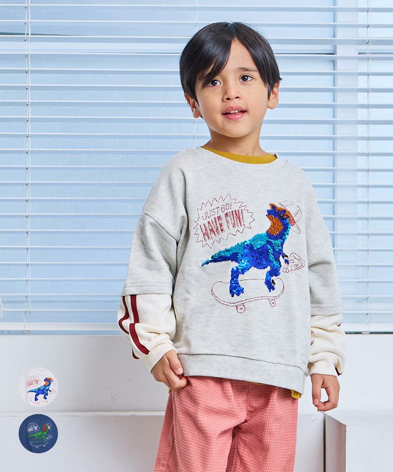 裏毛恐竜スパンコール刺繍袖フェイクレイヤード風トレーナー【販売店舗